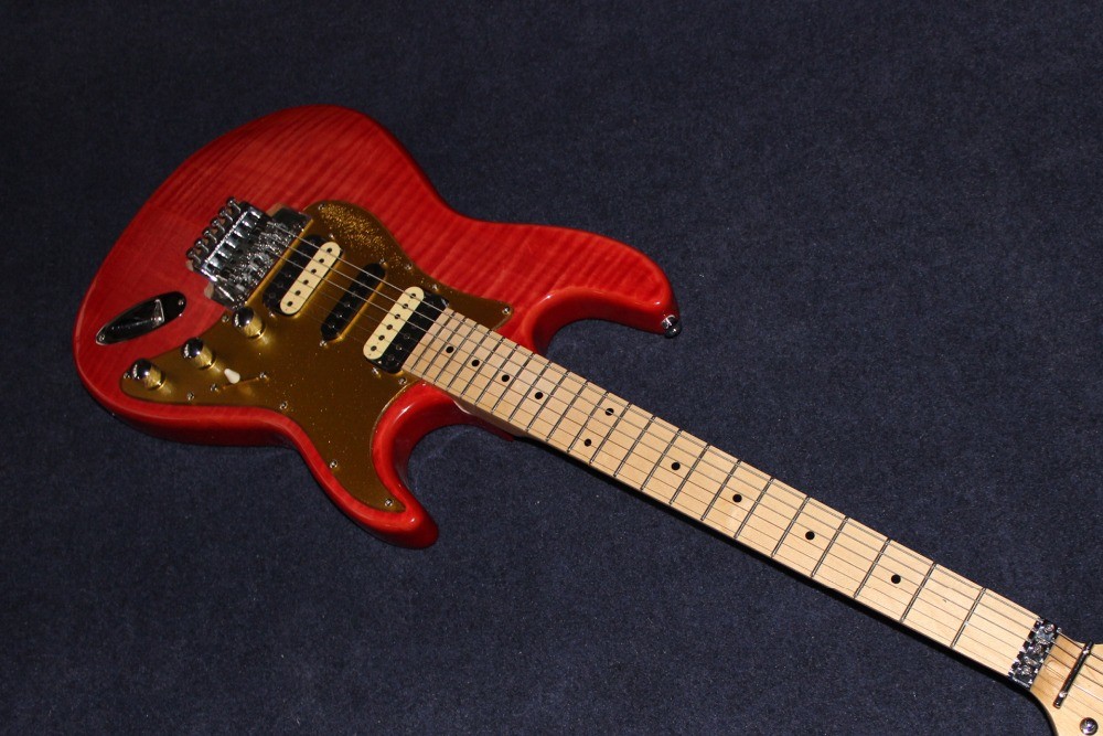 New Top quality , red Tiger Flame Electric Guitar Solid Basswood Body strato Maple Fingerboard caster Steel String