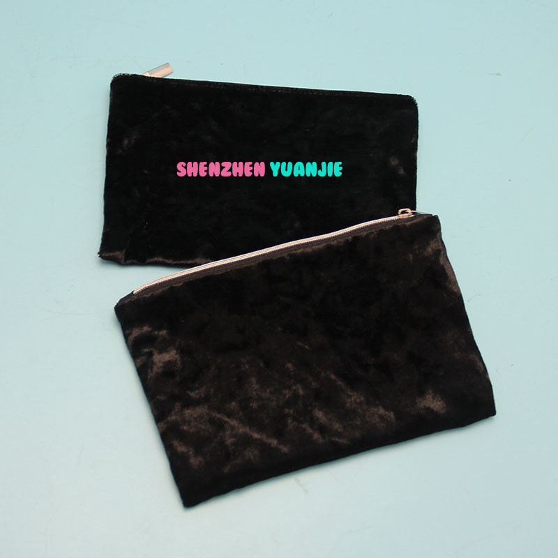 Black 8oz Canvas 12x16.5cm Soft Velvet Zipper Bag For Cosmetics