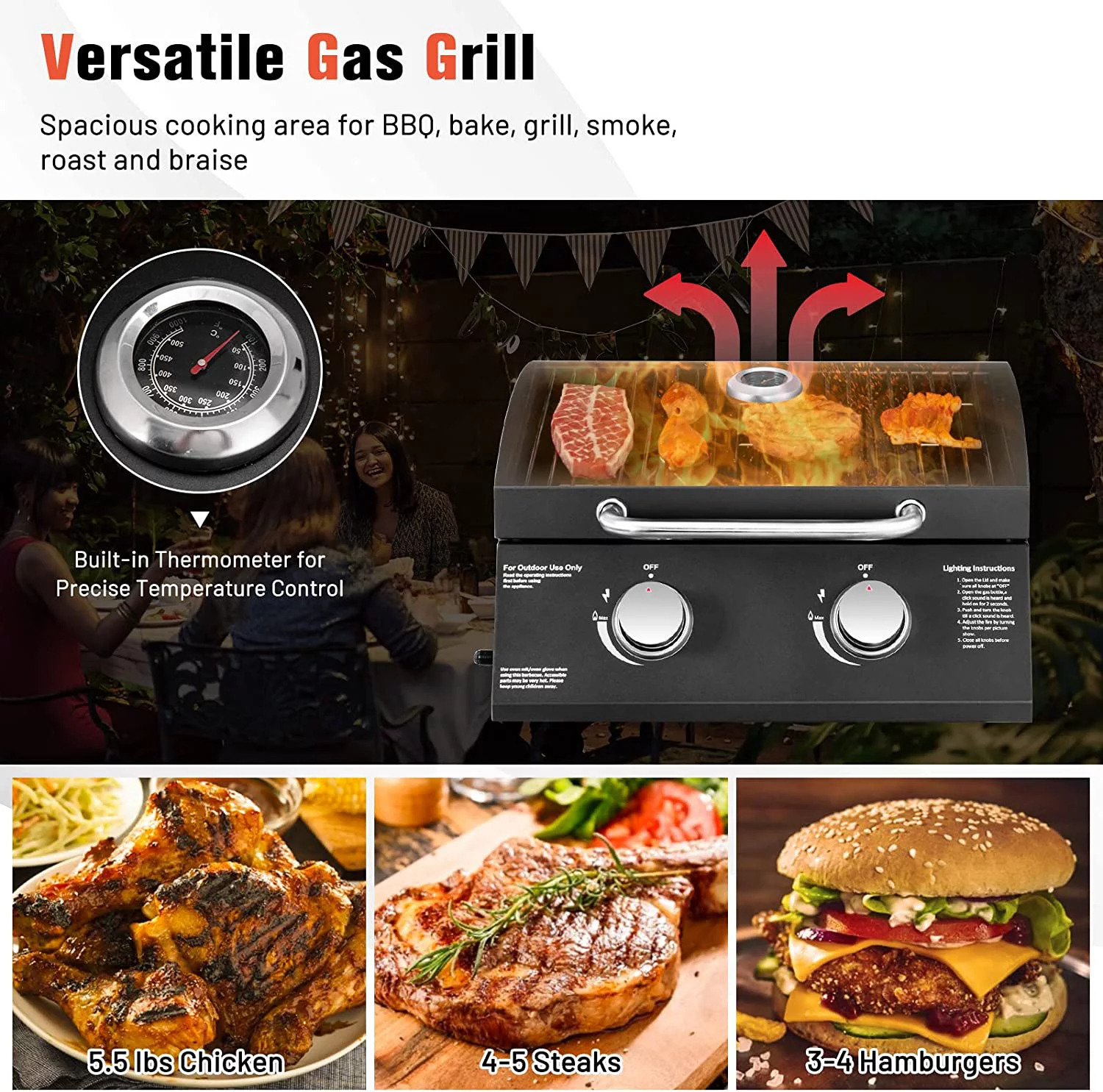 Steel Folding Legs Mini Portable Outdoor Table Top 2 Burner Gas Grill for BBQ Cooking
