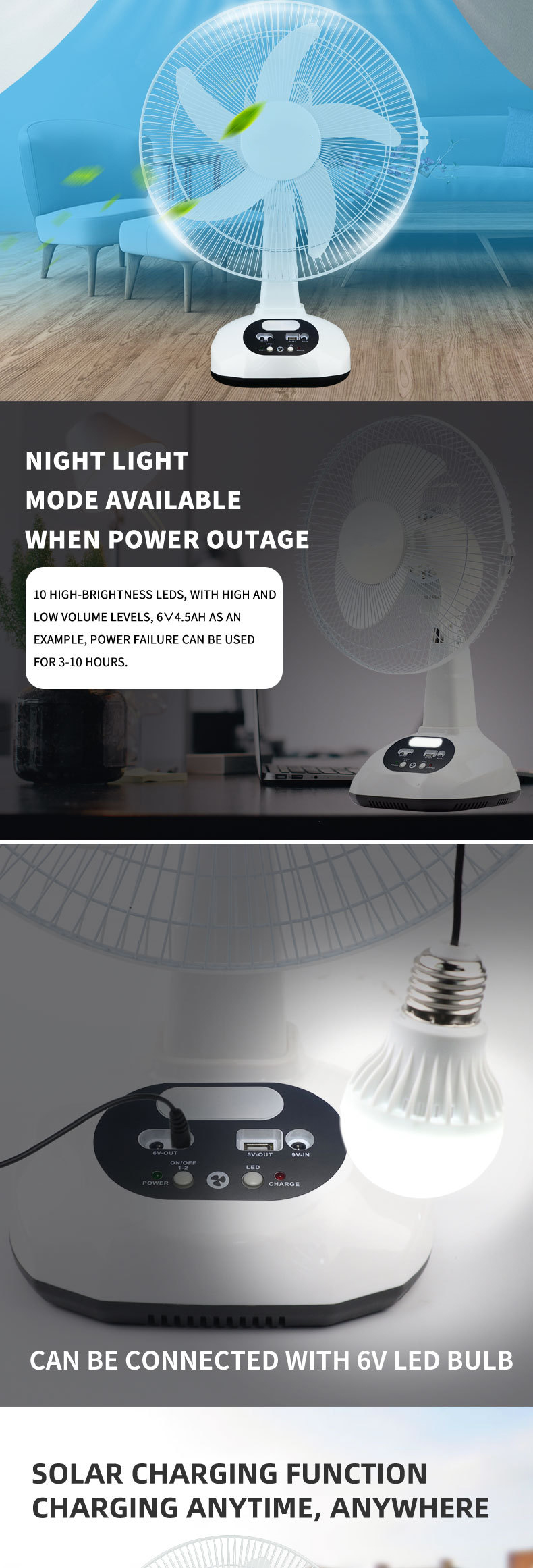 Table Fans Rechargeable Power with Solar Panel Energy Solar Electric Fan Lanterns Camping Led Light Solar Fan