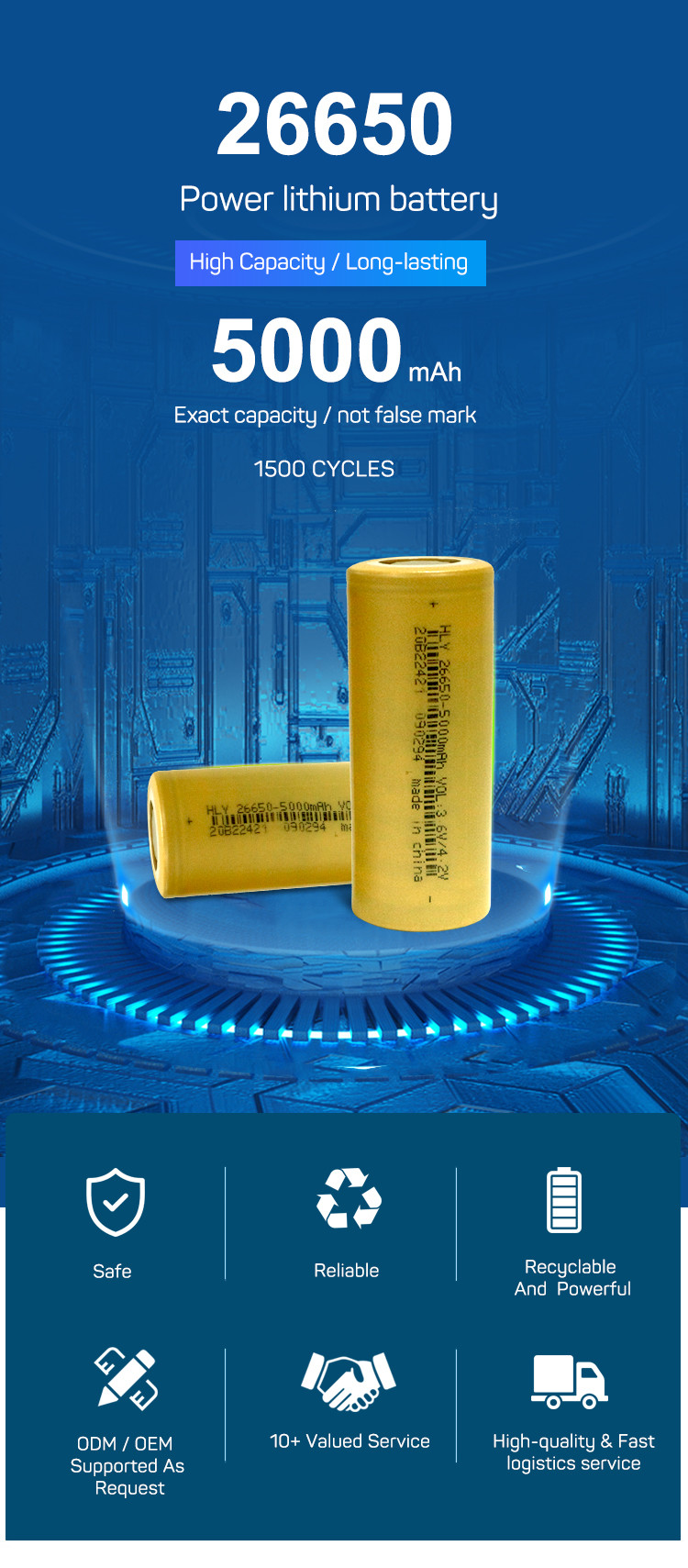 26650 3.6v 5000mAh Lithium Ion Battery Non Rechargeable For Wind Energy Storage