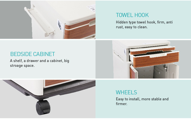 Movable Medical Room Furniture ABS Plastic Steel Hospital Storage Bedside Table with Casters