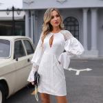 Breathable Ladies Lace Dresses Turtleneck Lantern Sleeve Dress