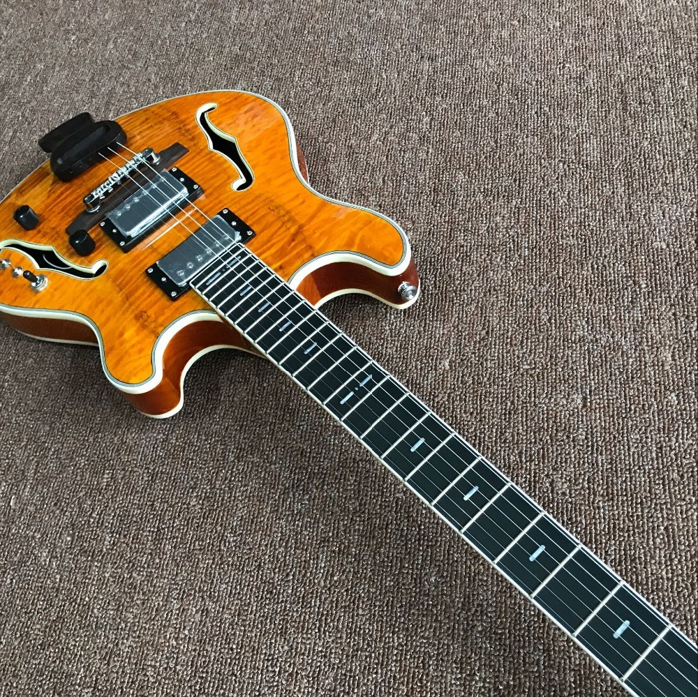 Custom F hollow body jazz Electric Guitar.double tiger flame gitaar.vibrato system.musical instruments orange color