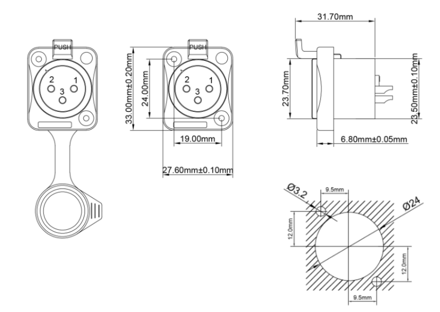Waterproof IP65 XLR Connector 3 Pin Male Socket Gold-plated Contact Pin Zinc Alloy Shell