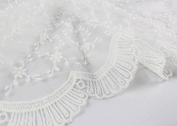 Beautiful Embroidered Lace Fabric Scalloped Edge Lace Fabric For Ivory Wedding Dresses