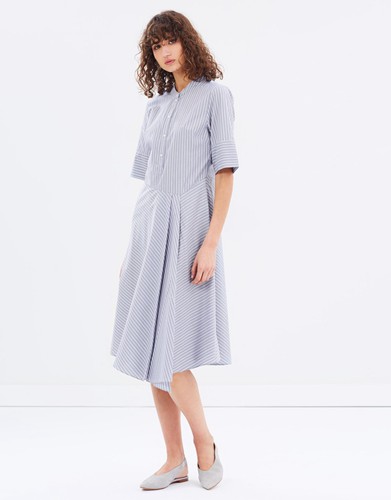 Woman Dress Summer 2018 Apparel Short Sleeve Woven Striped Midi Dress Wholesale