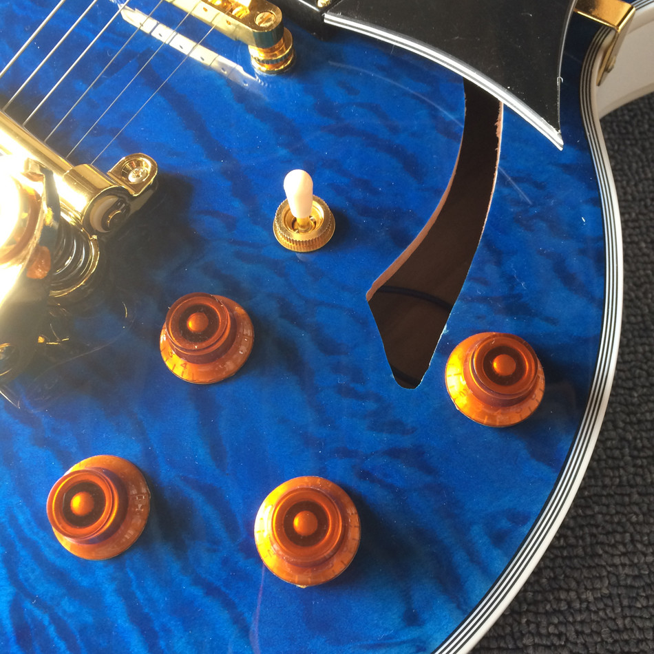 High quality Jazz Electric Guitar with Bigsby, Ebony Fingerboard, Guitar Quilted Maple Trans-Blue burst color
