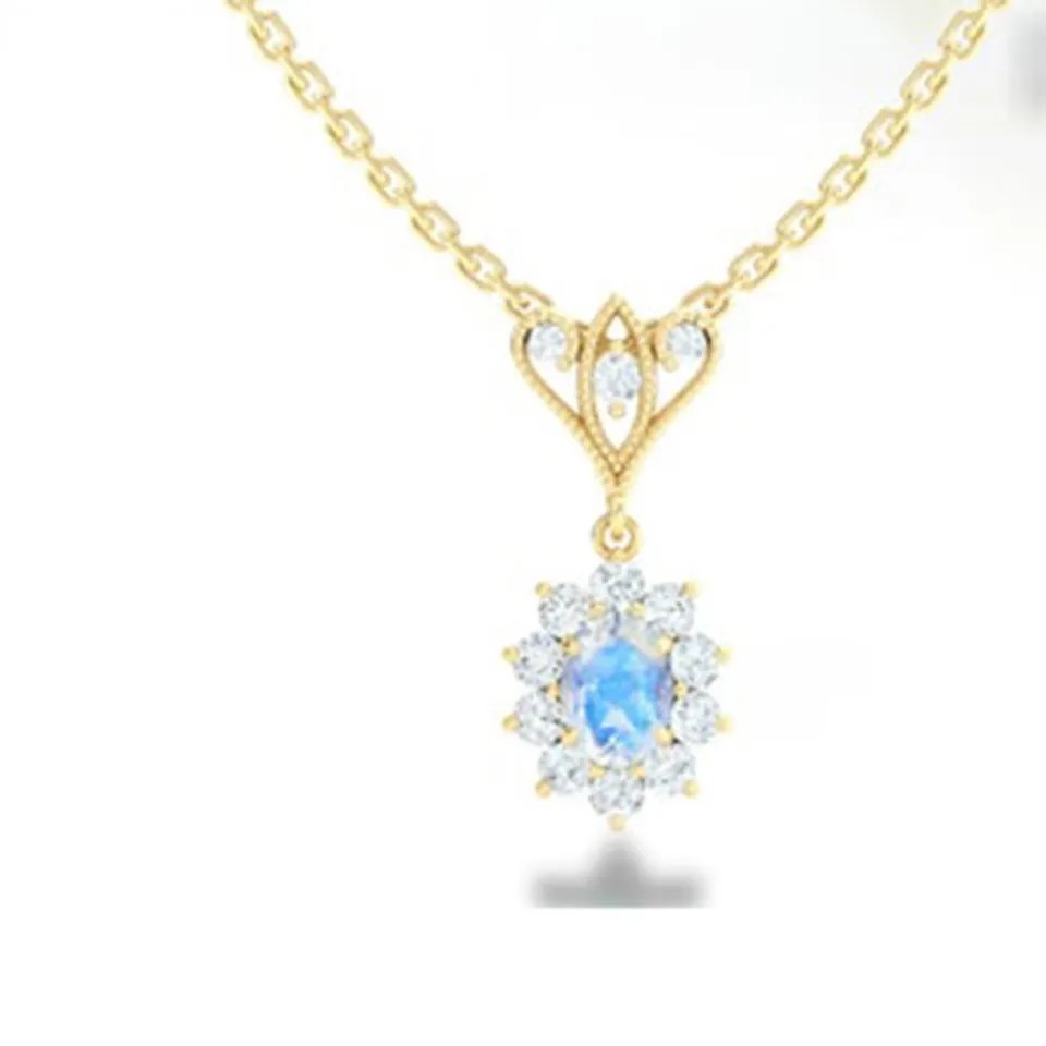 S925 Sterling Silver 14K Gold Plated Round Shape Jewelry Blue Moonstone Spheree Necklace High Quality Jewelry