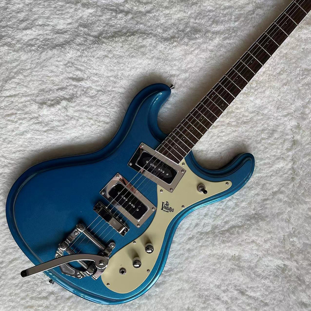 Custom 1966 Ventures Mosrite Zero Fret JRM Johnny Ramone Electric Guitar Tremolo Tailpiece in Blue Color