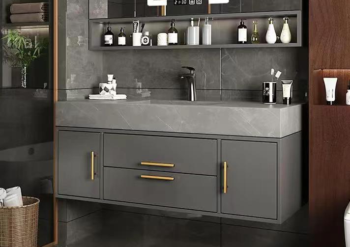 Modern Wood Tray Combo with Small Floating Sinks and Slim Unit Grey/White Oak Bathroom Vanity