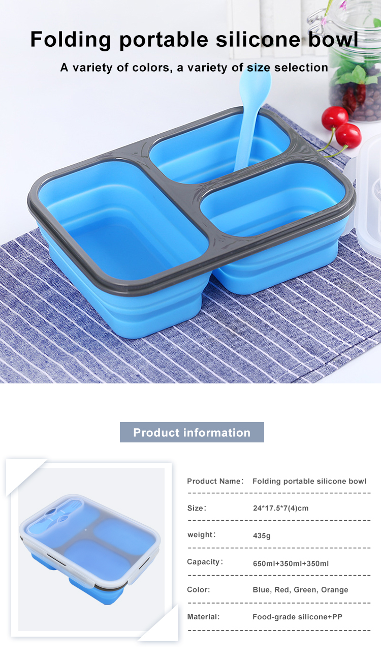 Rectangle 3 Compartment Collapsible Bento Box For Adults