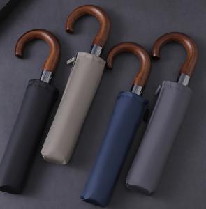 Quality 8 Ribs Fiberglass Automatic 3 Fold Umbrella With Wood Handle wholesale