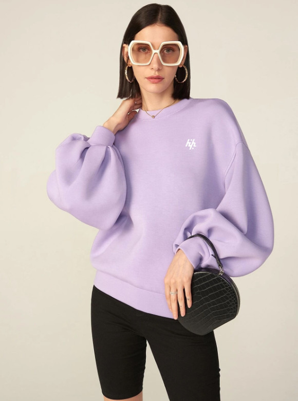 Woman Cotton Mix Cutout 260gsm Oversized Graphic Sweatshirt Casual Stand Collar Pullovers Long Sleeve
