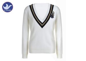 Quality Deep V Stripes Neck Womens Knit Pullover Sweater Cartoon Embroidered Patch College Style wholesale