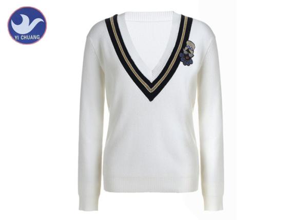 Deep V Stripes Neck Womens Knit Pullover Sweater Cartoon Embroidered Patch