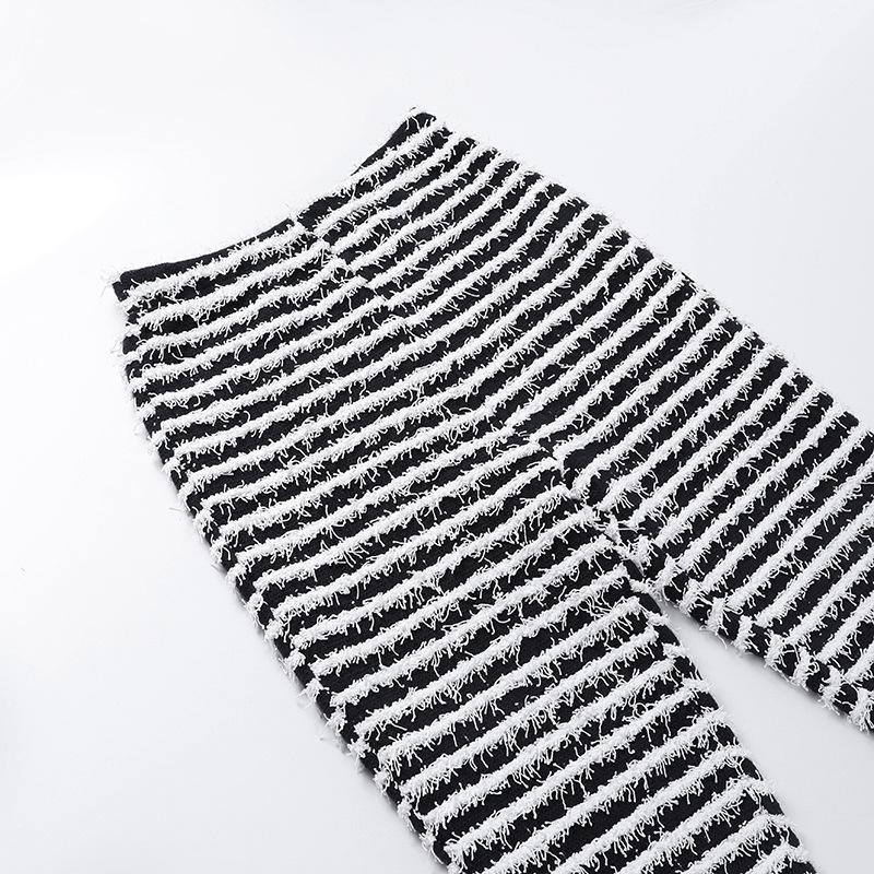 Winter Stripe Casual Pants Knitted Splice High Waist Pants Women
