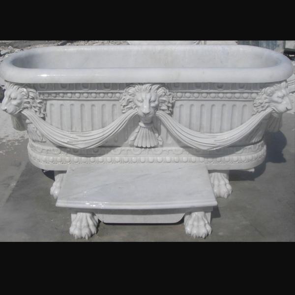 Home deocration white marble bathtub with lion head carving for bathroom,china