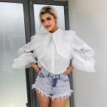 Crystal Embellished Heart Cut Out Shirt Blouse Chic Black High Waisted Lace Tops