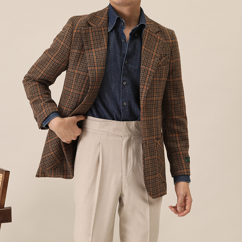 Autumn Winter Fashion End Custom Design Tweed Plaid Men's Jacket Weaving method woven