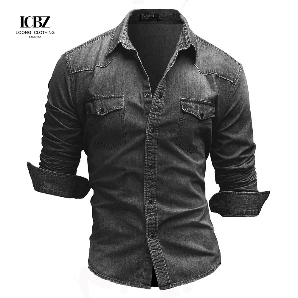 Men's Woven Denim Dress Shirts European Size Long Sleeve High Collar Cotton Shirt