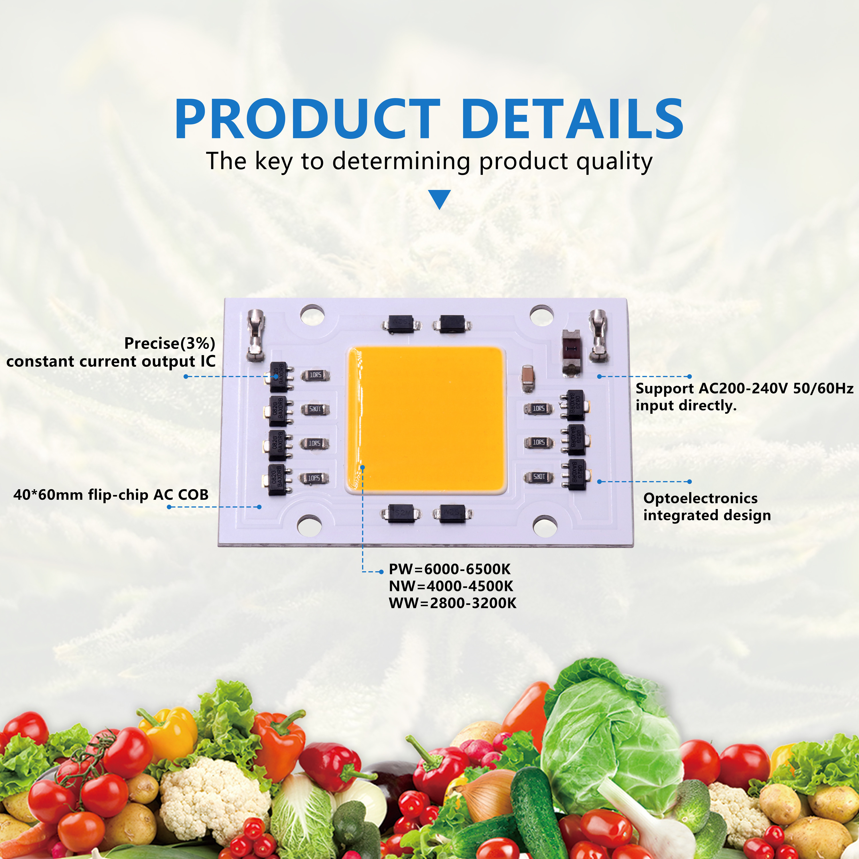 Full Spectrum AC 50w LED COB Chip 200v 240v 4046 AC LED Chip For Grow Light