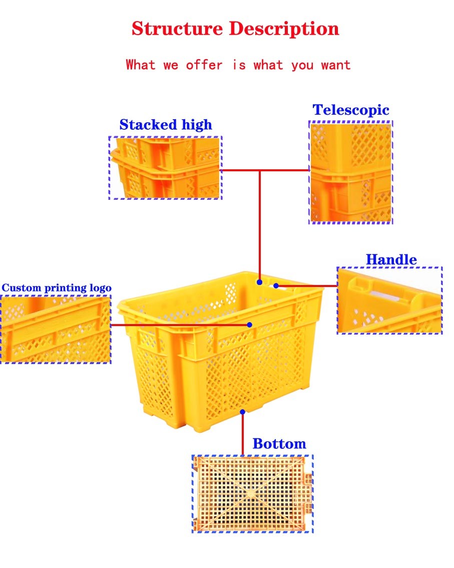 Food Plastic Basket Storage Crate Stackable Moving Box Plastic Fruit Crate 590x370x345mm