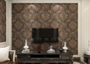 Quality Removable Victorian Damask Wallpaper Embossed Black and Golden Pattern , 0.53*10m/ roll wholesale