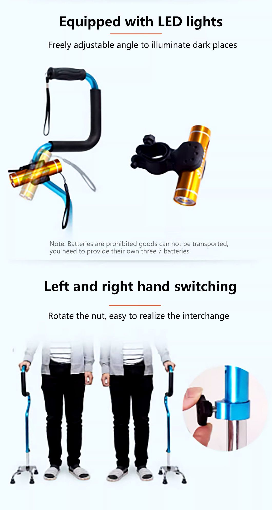 Adjustable Aluminium Walking Stick Handle-Bar Bend Four Legs Holder Bent Rehab Therapy Cane Four Legs Holder Adjustable
