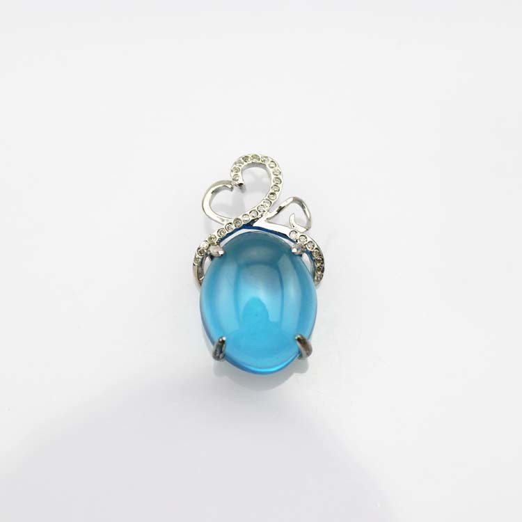 Sterling Silver Oval Created BlueTopaz Dome Cubic Zircon Gemstone Pendant Silver Chain(PSJ0343)