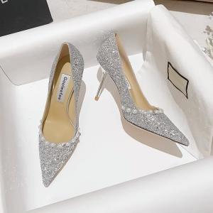 Quality Spring Ladies Wedding Pumps , Sheepskin Golden Shiny Pearl Crystal Shoes wholesale