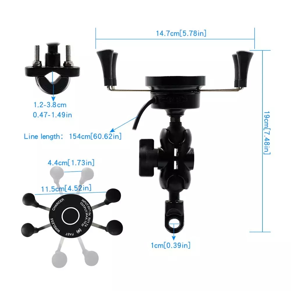 3 In 1 Motorcycle Wireless Charger Mount , FCC 5V 1.5A Motorcycle Phone Grip