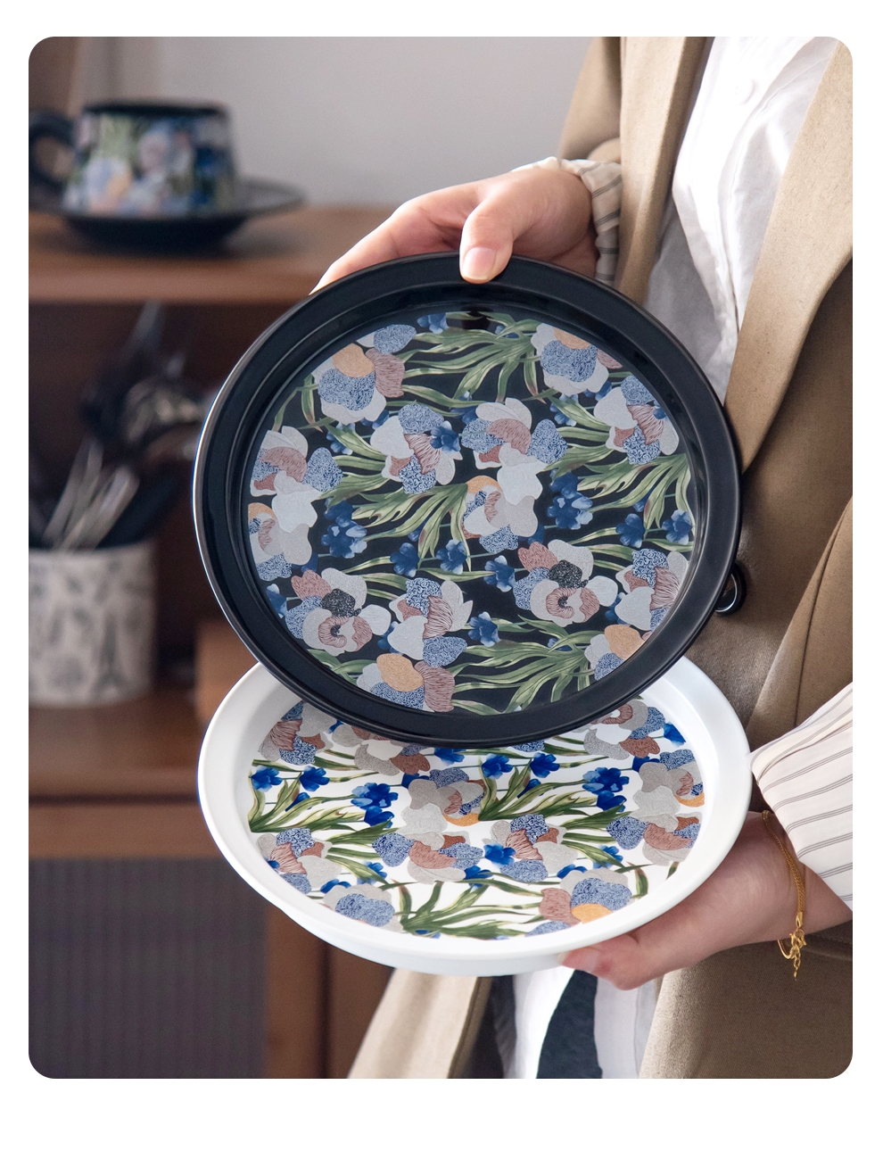 Hand Painted Round Vintage Dessert Plate Ceramic Deep Plate With Black Flower Design