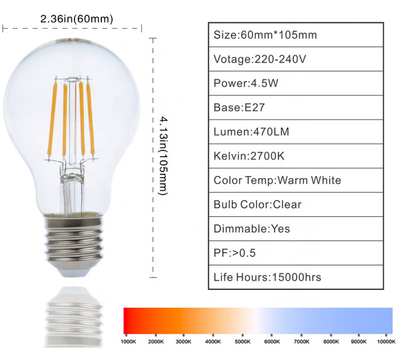 A60 LED Filament Bulb 220V 240V 7W 806LM Ra80 Dimmable Edison Light Bulbs