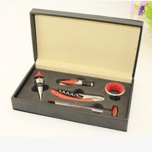 Quality Promotioal 5pcs set wood stainless steel bottle opener corkscrew stopper pu case wholesale