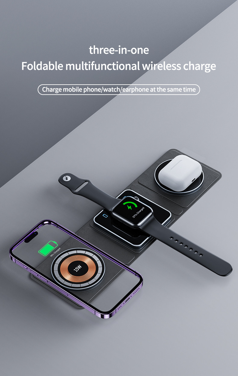 Foldable Wireless Charging 3 Fold Design For Qi Smart Phone Airpods And IWatch