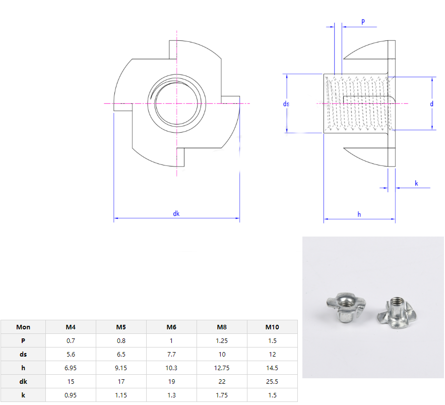 GB Standard White Yellow Zinc T-Nut Claws T Nuts 4 Prongs Claws Tee Nut for Food Beverage JIS M3 M4 M6 M8 M10 M12