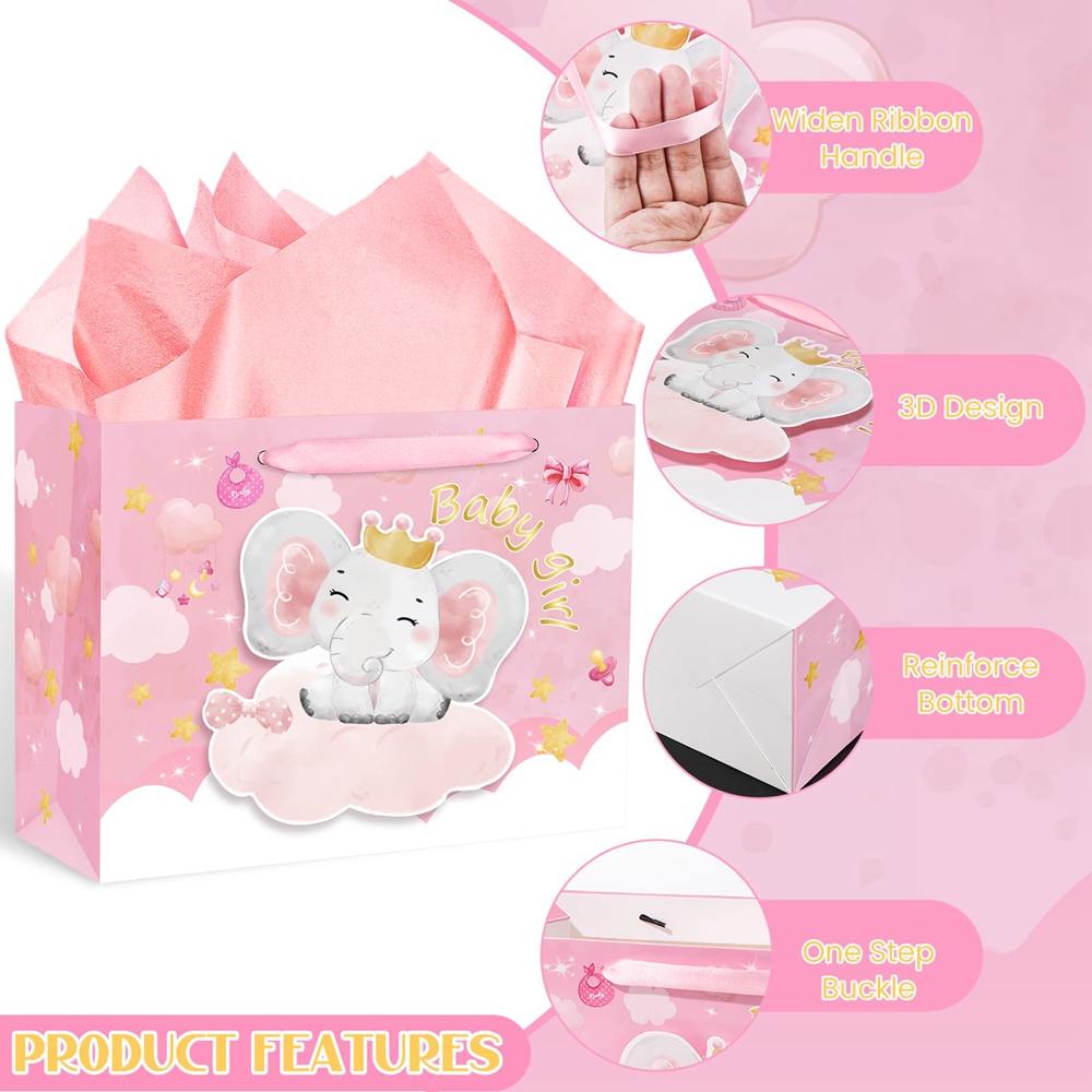 Custom Cartoon Animals Baby Pink Tote Carrier Box with Hand Length Handle and Ribbon