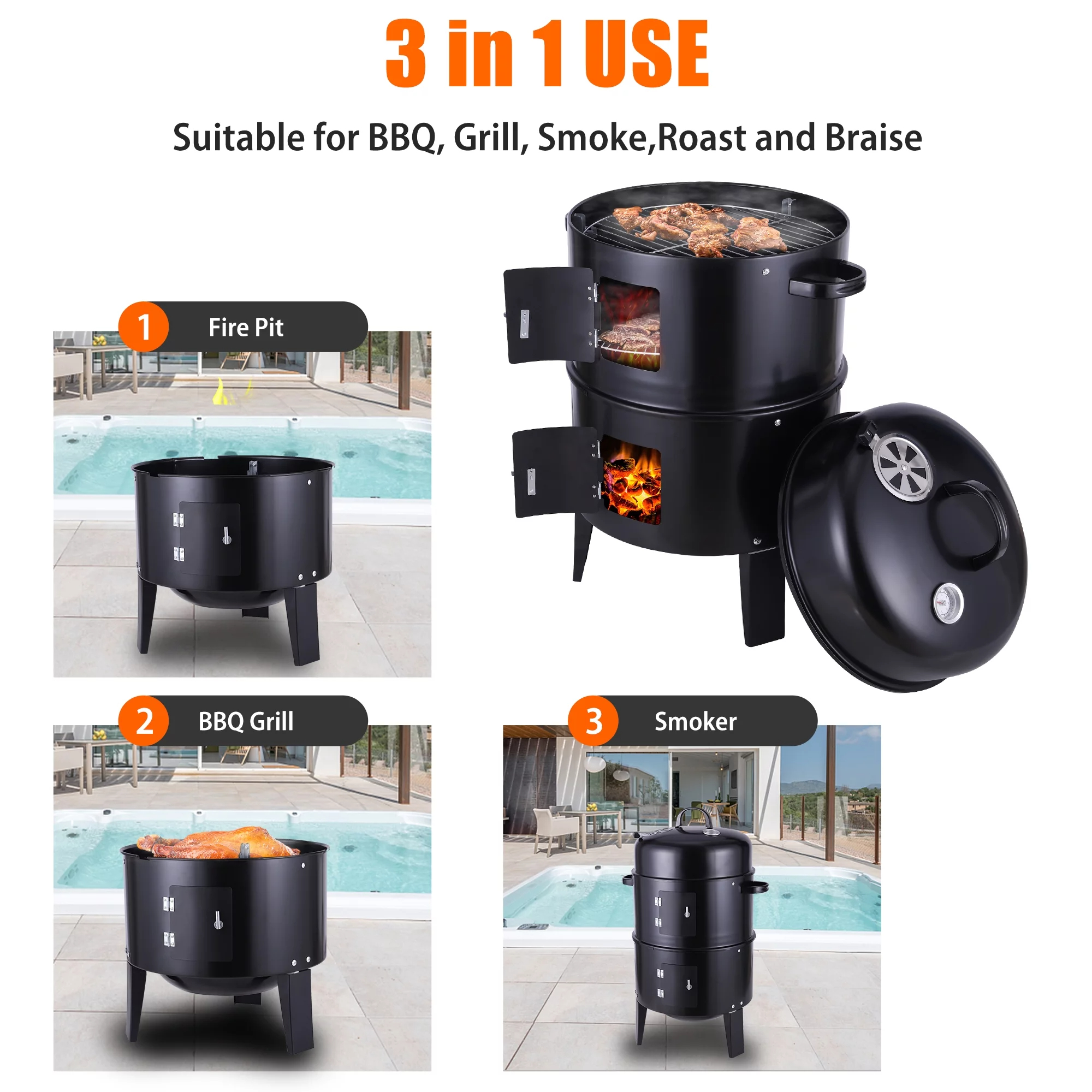 Thermometer Equipped 3-in-1 Vertical Steel Charcoal Smoker for Home Party Celebration