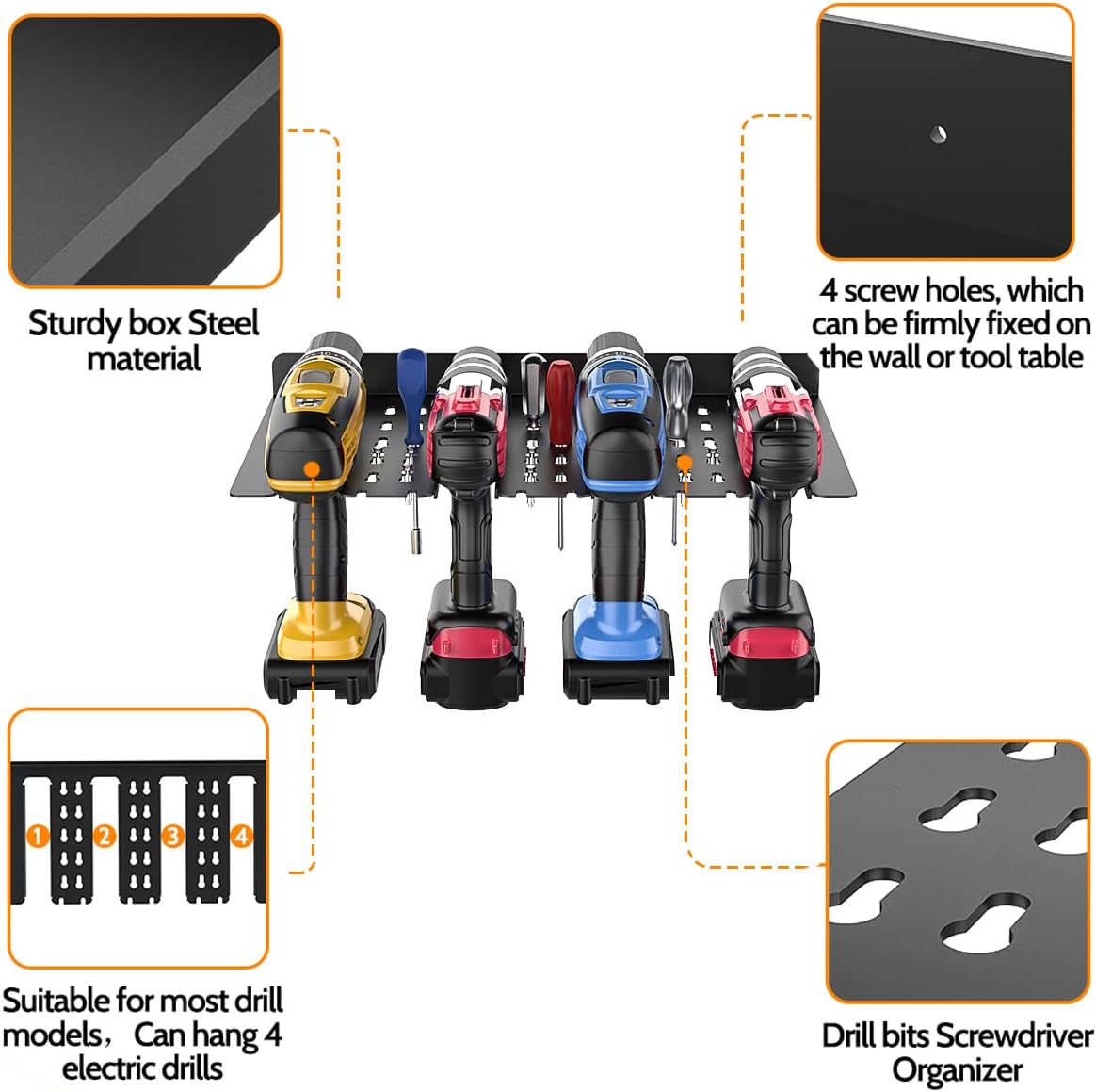 Neat Drill Storage Rack and Power Tool Organizer Holds 4 Drills Batteries 430*216*51mm