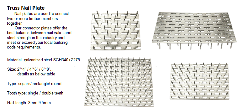 Roofing Wood Connector 1mm Thick Galvanized Steel Truss Plate with Nail Teeth 8mm