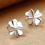 Fashion 925 Silver Plated Good Luck Four Feaf Clover Flower Stud Earrings