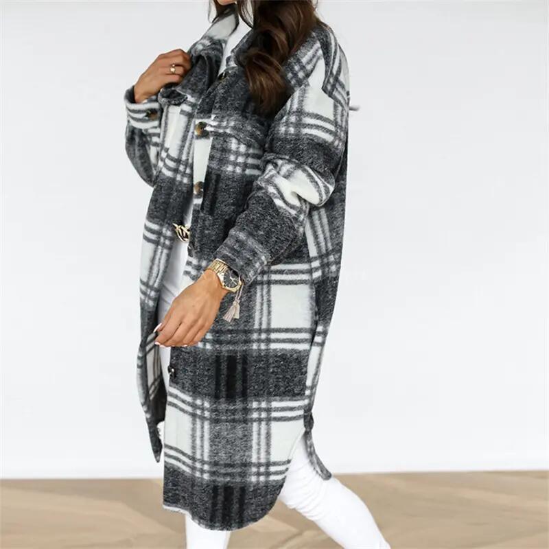 Autumn Winter Coats for Women 2023 Lapel Pocket Long Plaid Shirt Jacket Coat Woolen Fleece Plaid Long Coats for Women