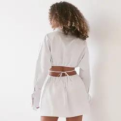 Summer Casual Dresses Hollow Cut out Waist Design Long Sleeve Turn Down Collar Blouse Shirt Dress Women Elegant
