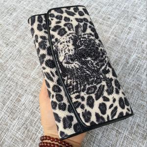 Quality Authentic Stingray Skin Leopard Tiger Designer Long Wallet Genuine Leather Women Large Clutch Purse Lady Card Holder wholesale
