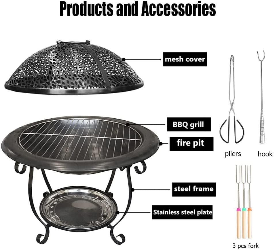 22'' Wood Burning Barbecue Fire Pit For BBQ Grill Backyard Garden Patio Camping Beach