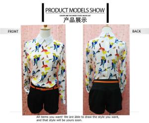 Quality Fashionable Style Bird Print Long Sleeves Peter pan Collar Chiffon Blouses For Ladies wholesale