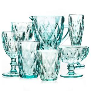 Quality Hand Blown Diamond Cut Crystal Wine Glasses , 200ml Glass Cup Sky Blue Colored wholesale