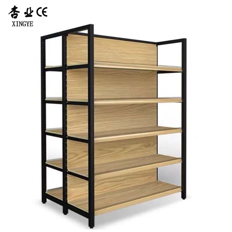 Factory customized color size wood grain shelf supermarket display shelving miniso supermarket shelving
