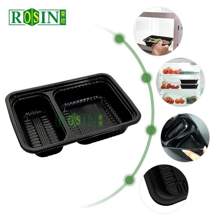 Custom Black 2 Grid Disposable Takeaway Boxes 1000ml Rectangular With Lid